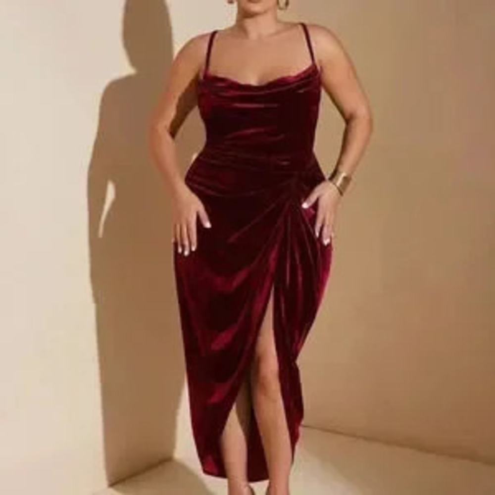 ZARA Burgundy Party Women's Plus Size Slit Maxi Velvet Spaghetti Strap Dress